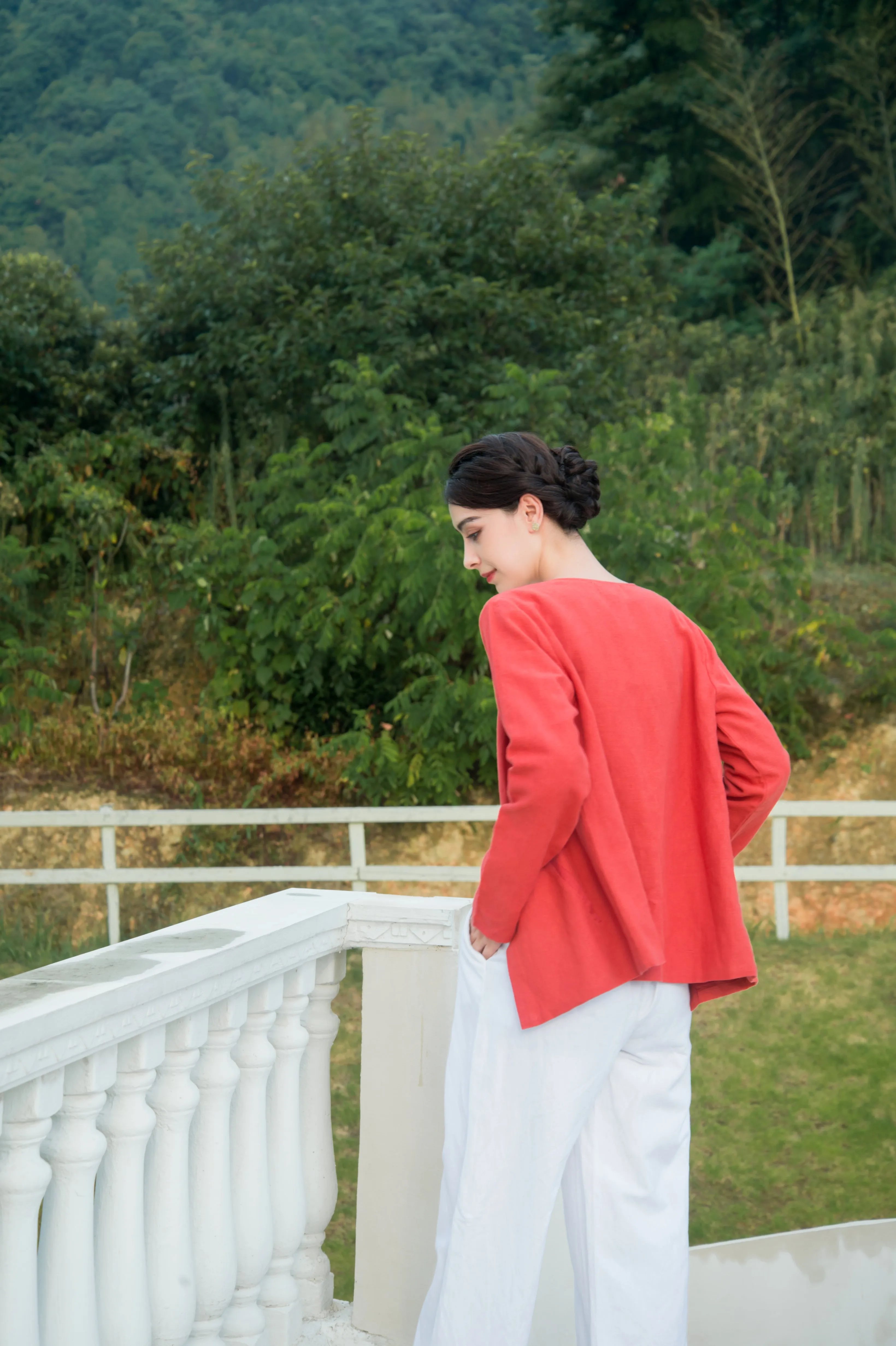 Woman Linen and Cotton Fashion Casual Long Sleeves Jacket, Alexia Jacket - Rust Red